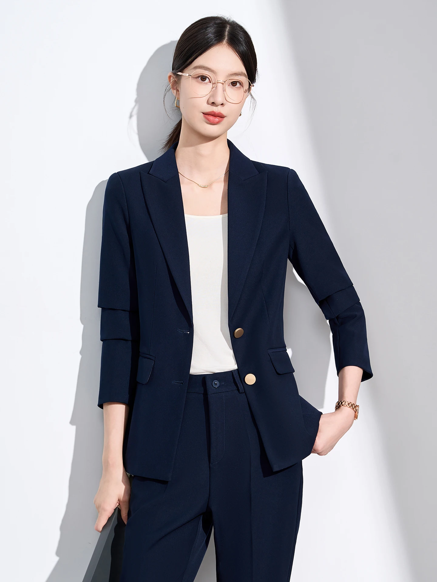 Cobalt Blue Women's Suit Jacket Professional Jewelry Store Spring Autumn Set Waist-Cinching Poly Fiber Warm Anti-Wrinkle Brea...