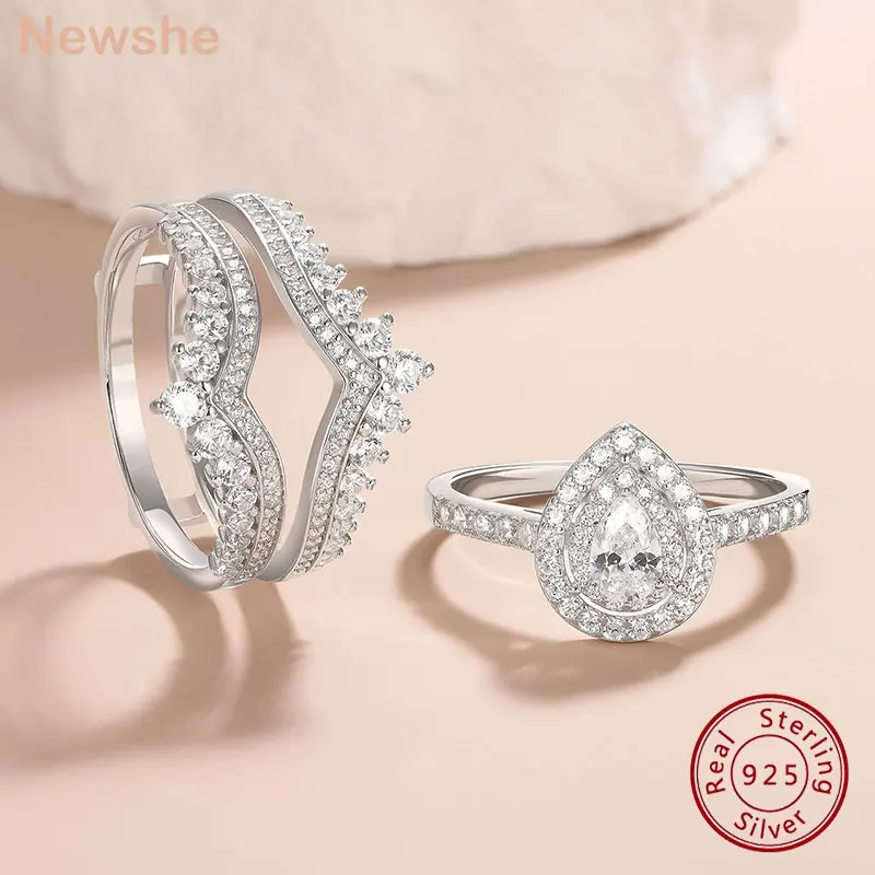 

Newshe комплект обручальных колец из 2 предметов для женщин, стерлинговое серебро 925 пробы с кубическими цирконами, одинаковые свадебные кольца, штабелируемые кольца с бархатной коробкой
