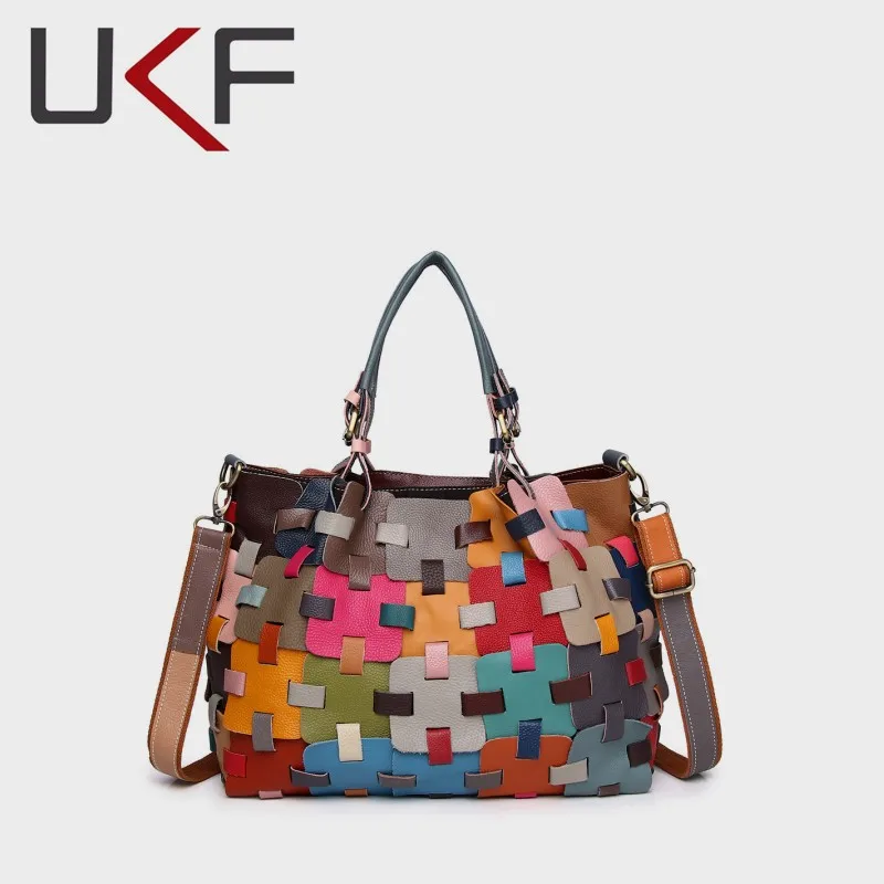 UKF Vintage Ladies Casual Colorful Patchwork Design Handbag Random Stitching Shoulder Bags For Women Tote Bag сумка женская