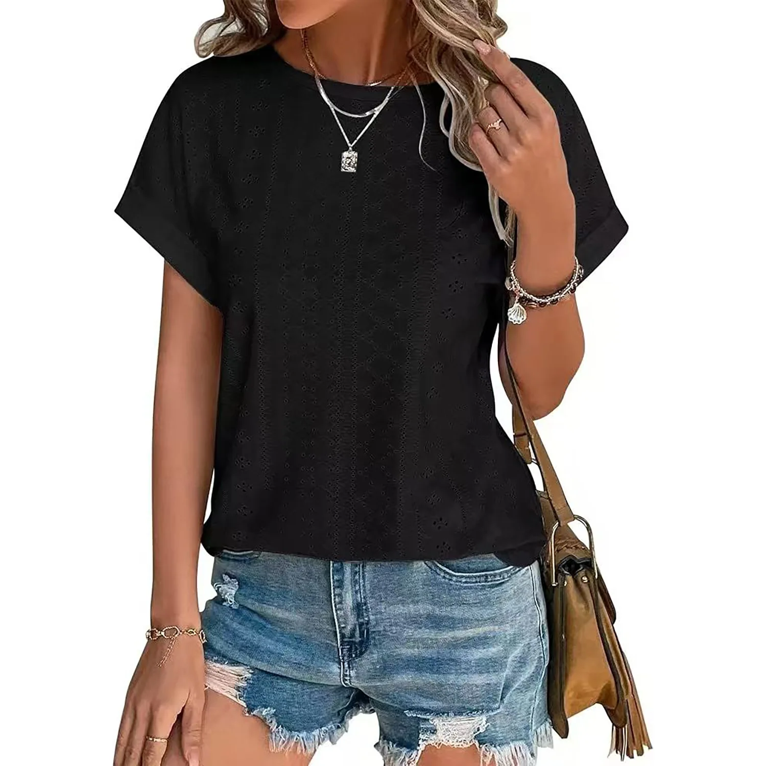 Spring/summer 2025 ladies new solid color hollowed out blouse mesh regular sleeve casual short sleeve t-shirt