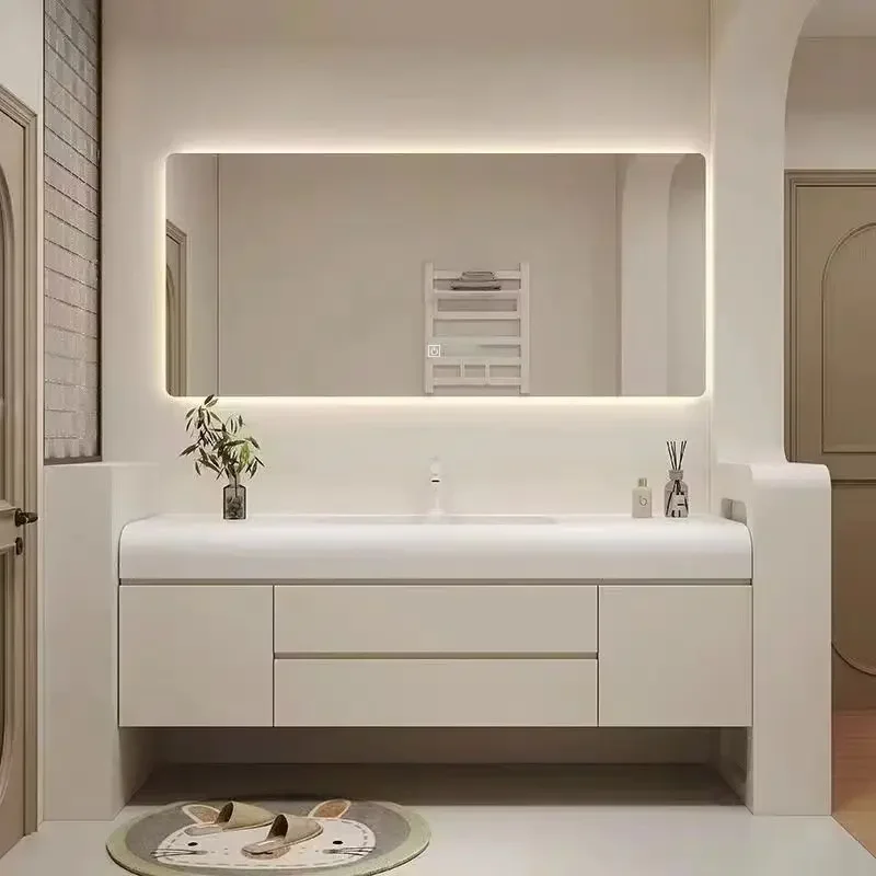 Light Luxury Simple Bathroom Cabinet White Rock Washbasin Nordic Home Integrated Gabinete Banheiro Com Cuba Bathroom Furniture