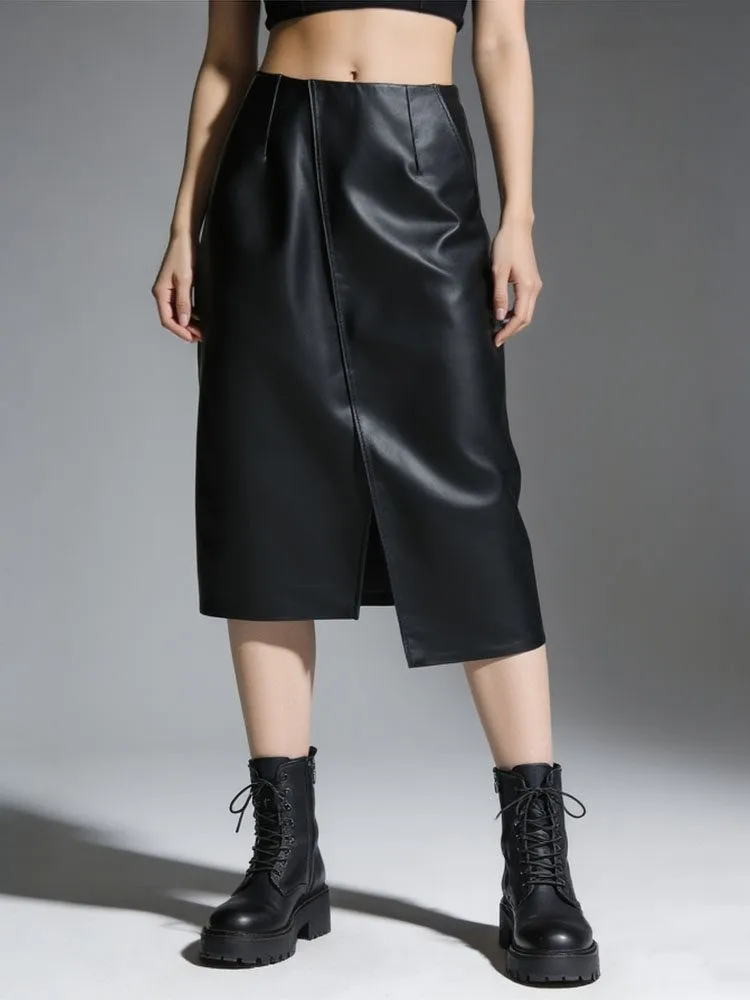 Fashion Office Ladies High Waist Genuine Leather Skirt Zipper Solid Color Asymmetrical Knee Length Slim Fit A Line Split Skirts