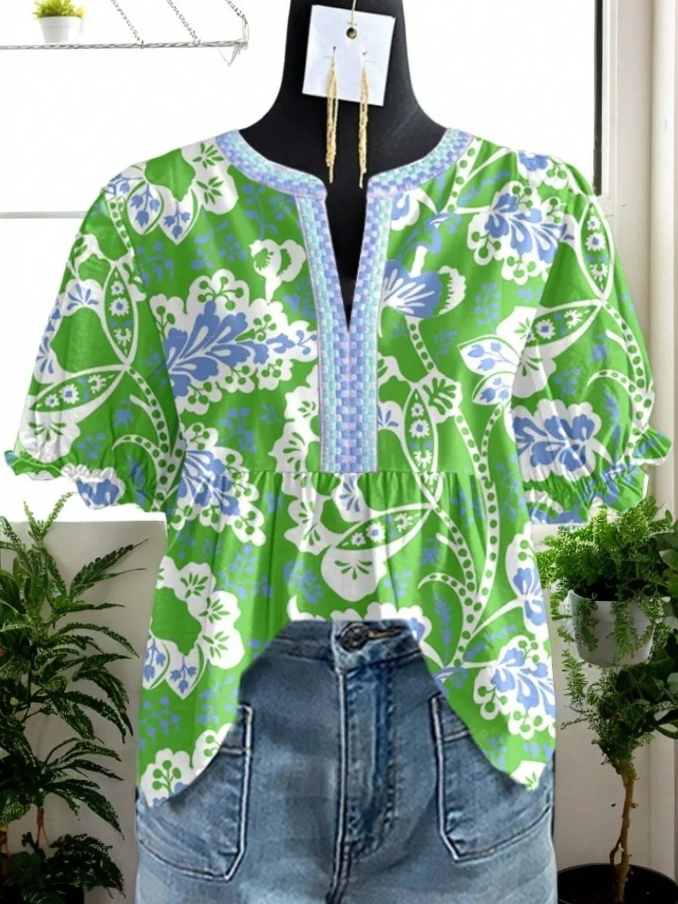 

Винтажная блузка с цветочным принтом, V-образным вырезом и пышными рукавами для женщин