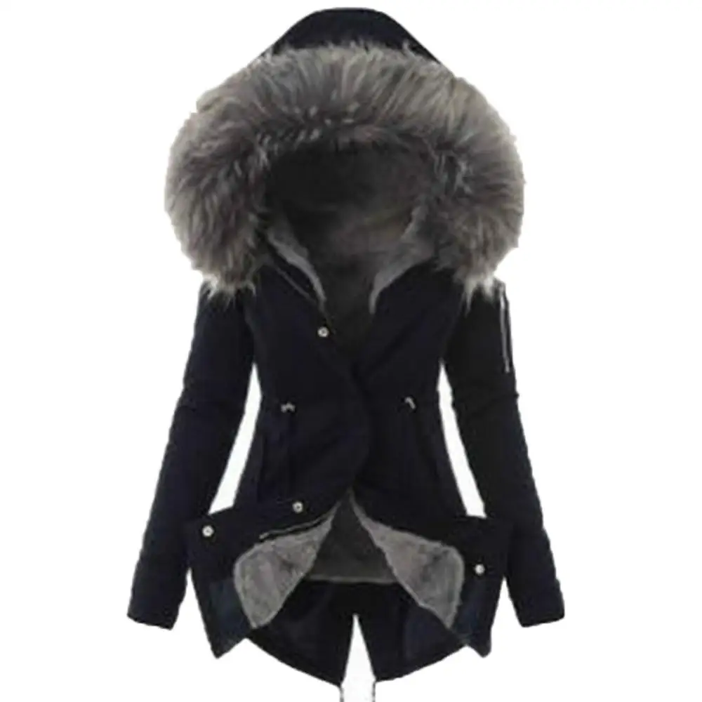 Warm Winter Women Faux Fur Hooded Cotton Down Jacket Casual Outwear Long Overcoat