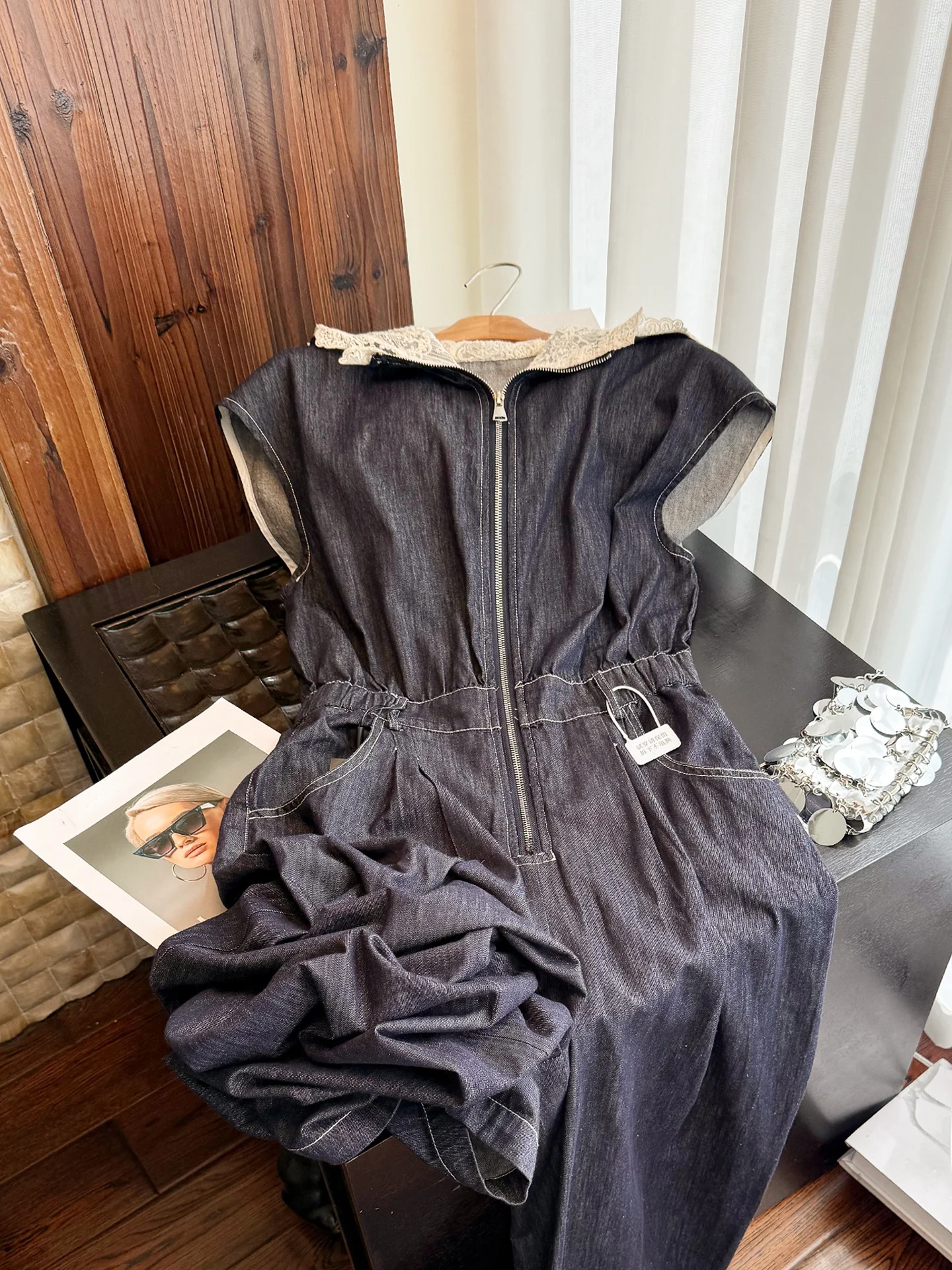 

mat Zipper Lace Hooded Svel Denim Jumpsuit Slimming Long Pants Women's Faion Casual Comfortable Fit Bodysuit