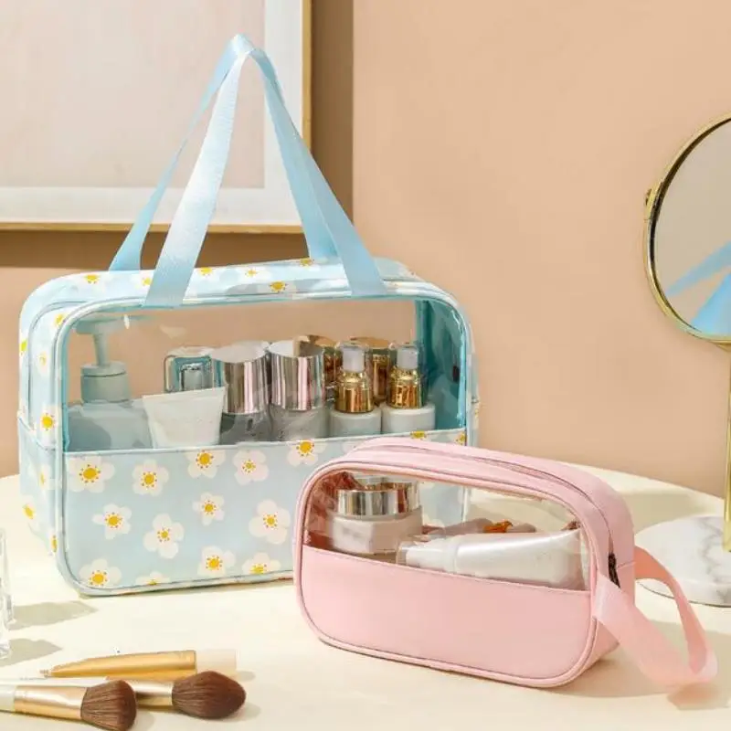 1/3PCS Flower Printed Makeup Bag Transparent PU Waterproof Portable Travel Cosmetic Pouch Cute Convenient Toiletries Bag Women