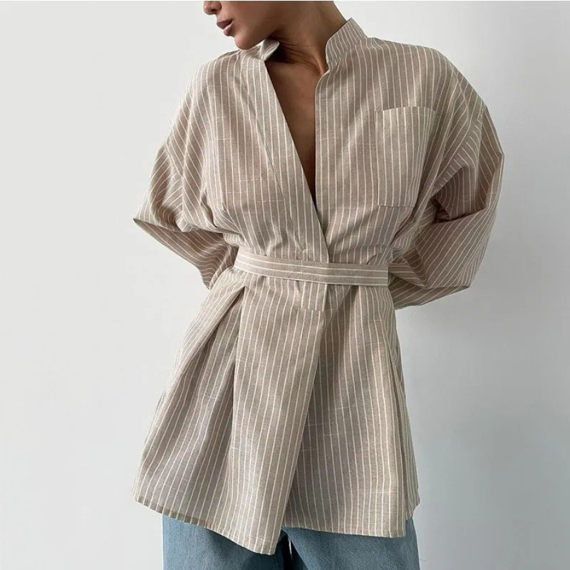 

2026 Spring New Casual Striped Shirt V-neck Lazy Simple Versatile Long-sleeved Strap Top