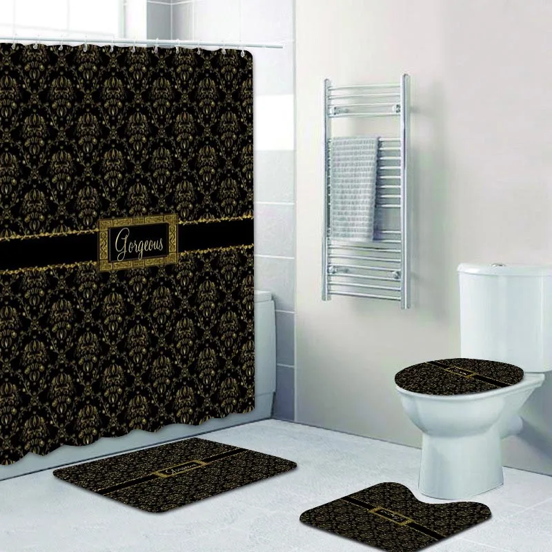 

Luxury Black Gold Damask Shower Curtain Bath Set Golden Gorgeous Pattern Bathroom Mat Toilet Decor