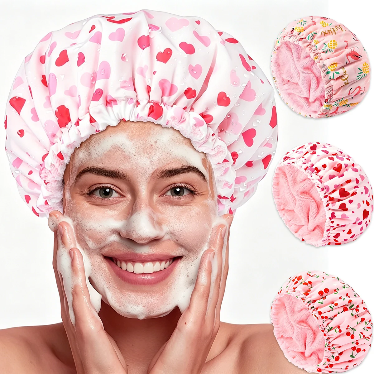 Women's Double-layer Waterproof Dry Hair Shower Cap. Love Flamingo, Cherry Pattern. for Bathing and Applying Facial Mask