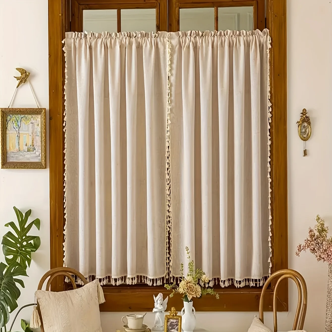 1Pc New Style Linen Curtain with Scalloped Edge for Living Room and Bedroom Decoration, Personalized Decorative Rod-Pole Curtain, Living Room, Bedroom, Study Room Decorative Rod-Pole Curtain