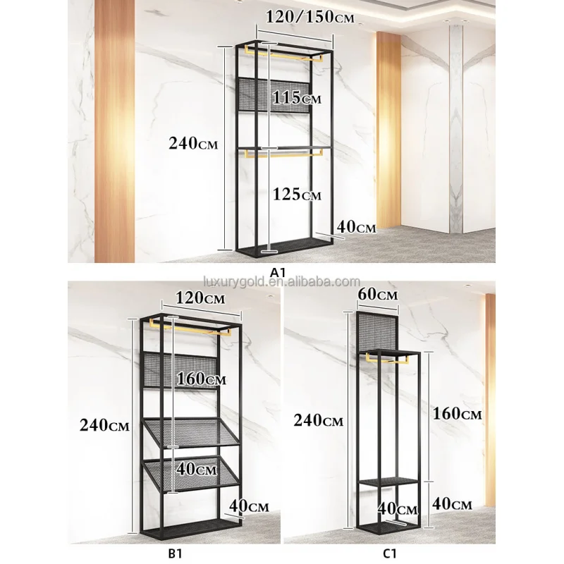 custom.Custom Clothes Store Garment Boutique Metal Stainless Steel Matte Black Display Stand Man Clothing Rack With Shelves