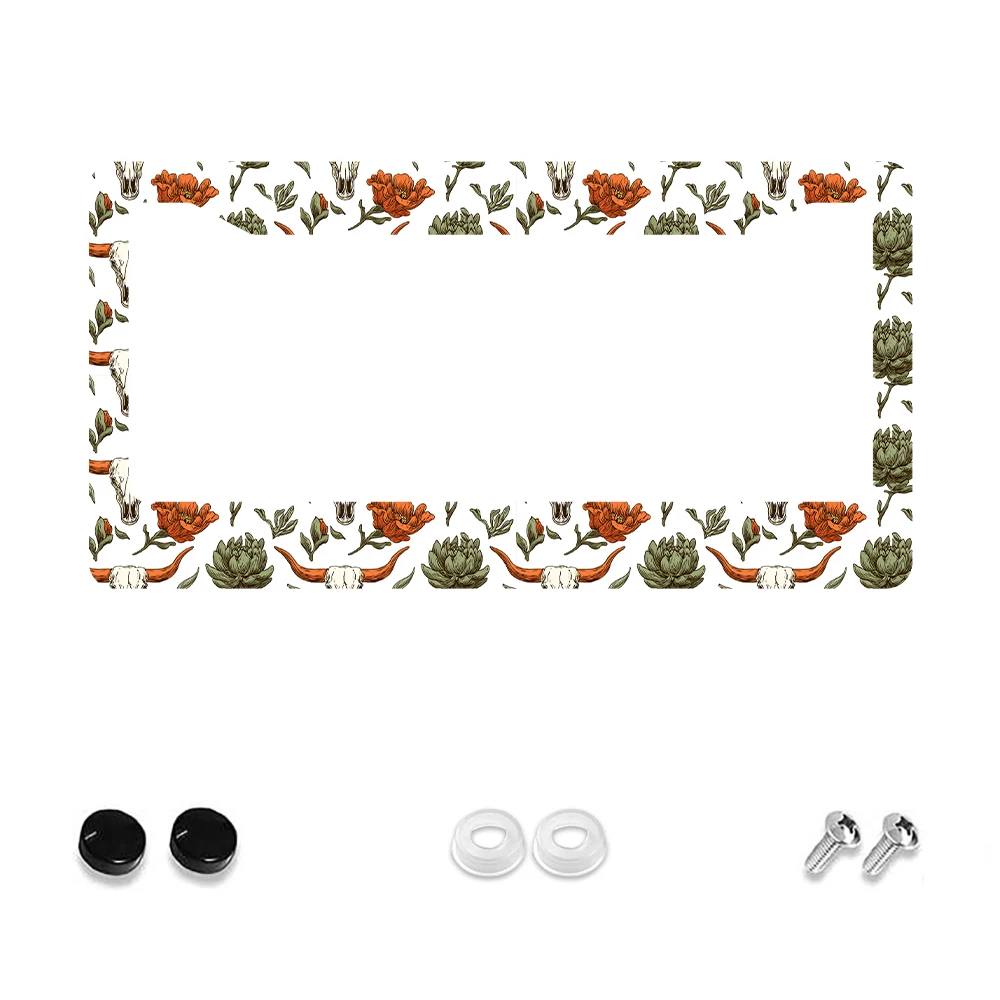 

1 шт., рамка номерного знака с 2 отверстиями в стиле ретро, оранжевый цветочный узор и черепа, алюминиевый материал, 12x6 дюймов с комплектом винтов, уникальный автомобиль