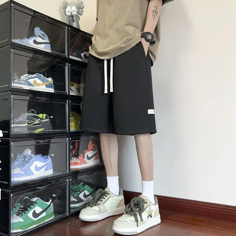 Summer Men New Loose Street Casual Solid Color Comfortable Shorts Elastic Waist Black Youth Drawstring All-match Middle Pants