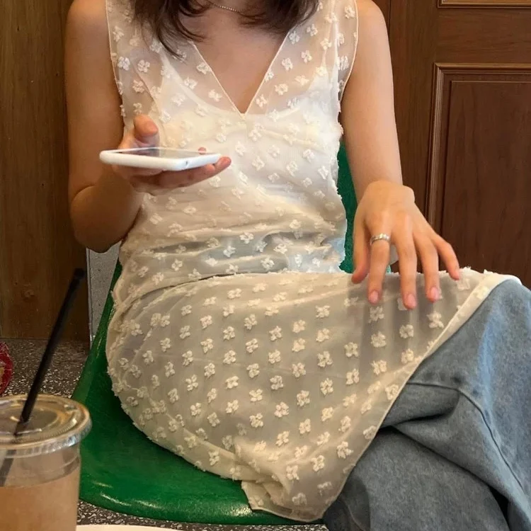 Breathe Flowers Dot Lace Chiffon Abbigliamento sovrapposto trasparente Gilet con scollo a V Dr Ele Gonna a trapezio Sle per le giovani ragazze Estate...