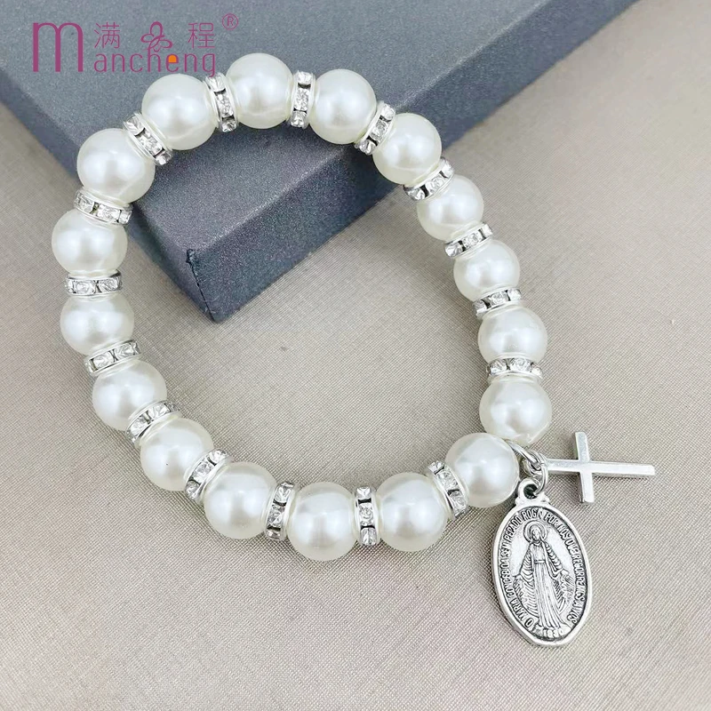 official-website cheap stuff under 30 cents Pearl Cross Jesus Pendant bracelet rosary Prayer beads conjuntos femininos elegante