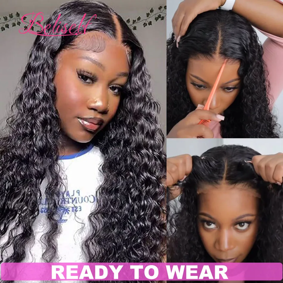 Glueless Wig Human Hair Deep Wave Frontal Wig 5x5 HD Lace Closure Wig Preplucked Glueless Human Hair Wig Ready to Wear Beliself