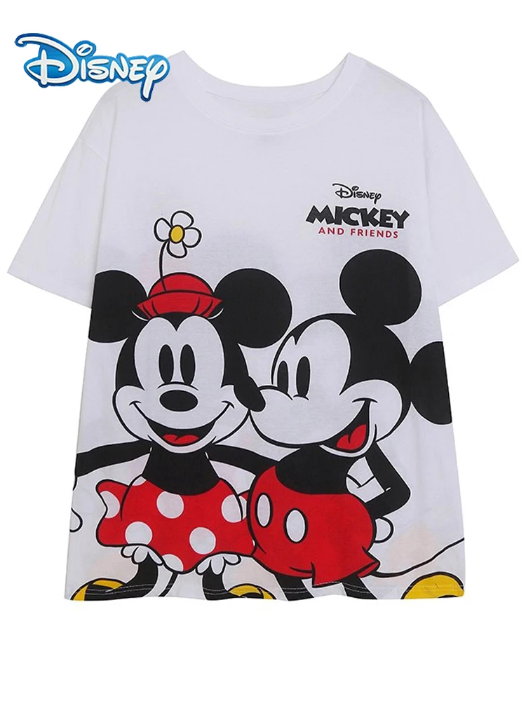 

Футболка с мультяшным принтом Disney спереди и сзади, Минни, Микки Маус, повседневная женская футболка с коротким рукавом и круглым вырезом, пуловер, футболки, уличная одежда