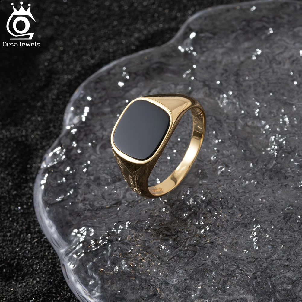 ORSA JEWELS Genuine 925 Sterling Silver for Men 18K Gold Plated Black Agate Square Finger Ring Smooth Surface 10-13 Size NMR01