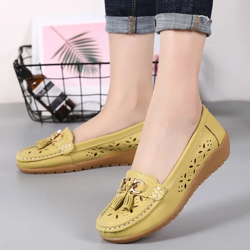 Women Flats Summer Women Genuine Leather Shoes With Low Heels Slip On Casual Flat Shoes Women Loafers Soft Nurse Ballerina Shoes