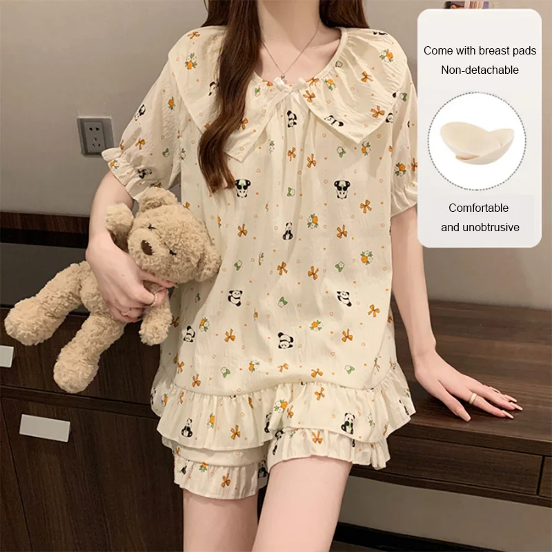 2 قطعة مجموعة الصيف قصيرة الأكمام الحلو الأميرة نمط فضفاض السراويل بيجامة مع الصدر ملابس المنزل 2025 ملابس خاصة جديدة