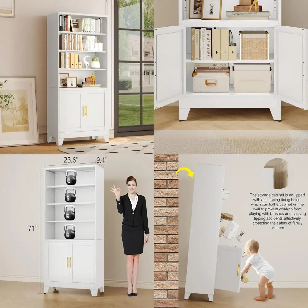 

Industrial Style 6-Tier Tall Metal Bookshelf with 2 Doors and Adjustable Shelves for Storage and Organization