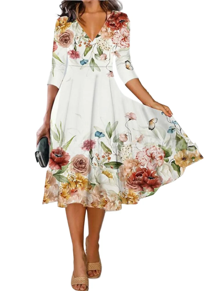 

Elegant Floral Print Dress Lady Fashion V Neck Pullover Loose Dresses For Women Casual Holiday Party Skirt Robe Femme Summer New