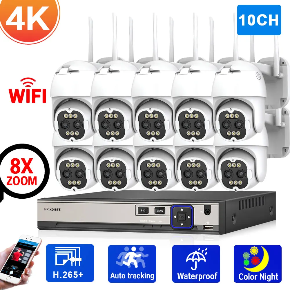 

Dual Lens Wireless CCTV Security Surveillance Camera System 8CH 8X Zoom Color Night Vision Wifi PTZ Camera with 10CH 4K POE NVR