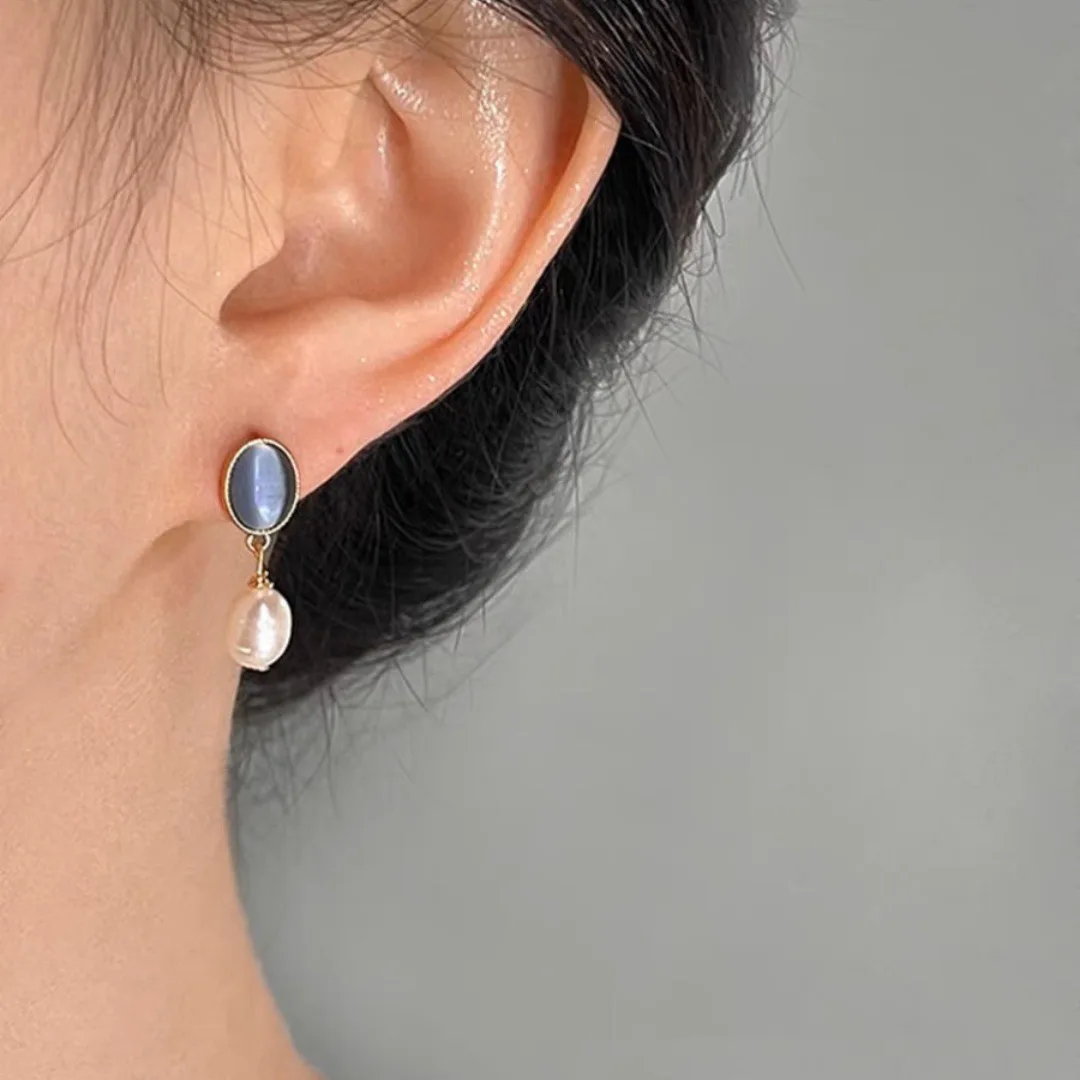 Fresh blue cat eye stone pearl earrings for women retro original design high-end earings stud party creative jewelry gifts
