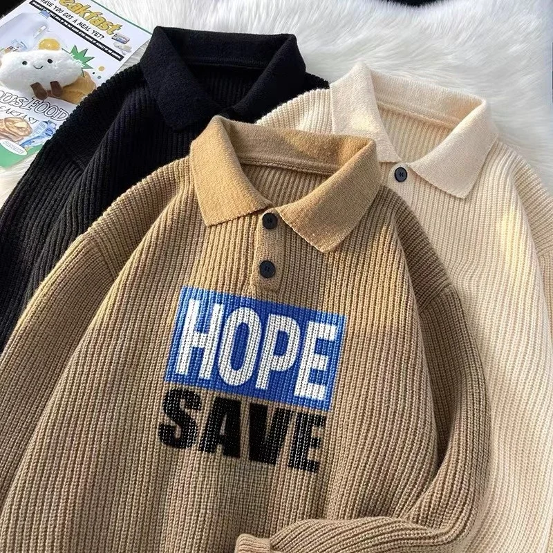 

Мужской вязаный свитер в американском ретро-стиле с отложным воротником, свободного кроя, с длинными рукавами, осенне-зимний, в стиле Lazy Sle Knitwear