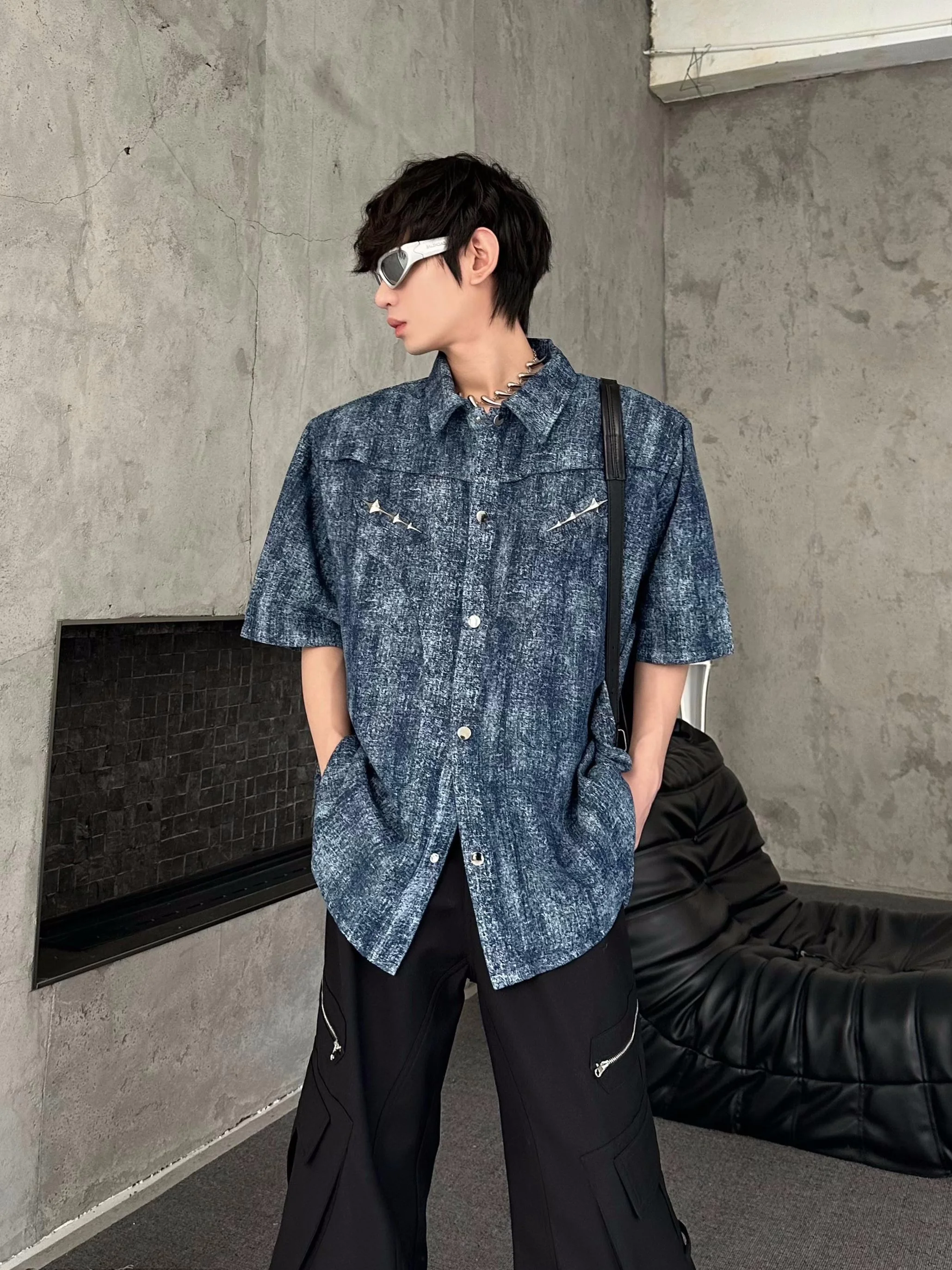 

Original Design Vintage Waed ort Sve Men's irt Stand Collar Distred Cotton Polyester Blend Youth Faion Classic ...
