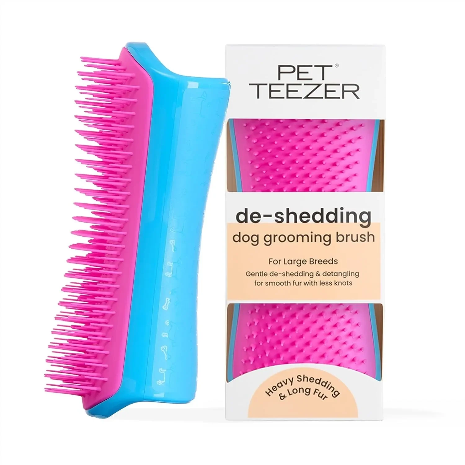 

De-Shedding Dog Brush For Long Haired Breeds, Dog Grooming Tool With Two-Tier Teeth, Gentle On Skin, Large, Blue & Pink