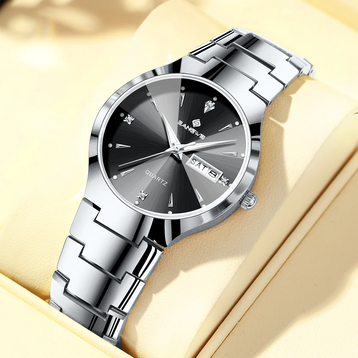 

BANGWEI Tungsten steel Men's Watch Rhombus Mirror Waterproof Luminous Date Week Wristwatch Male Quartz Watch for Man Original