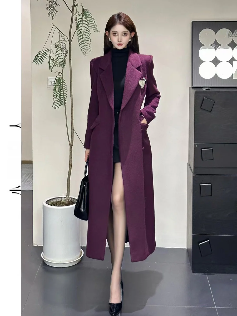 

Ele Purple Woolen Coat Faionable Slimming Outerwear Long Sve Suit Collar Mid-Length Single Button Closure Polyester ...