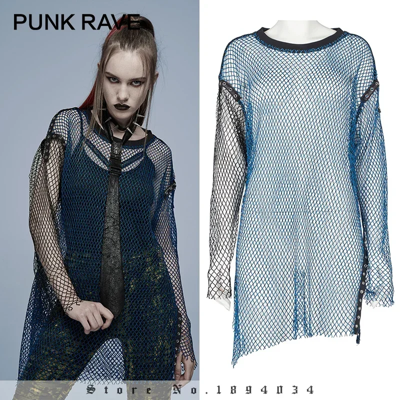 

PUNK RAVE Women's Daily Punk Shoulder Corns Decoration Perspective Network Loose Comfort T-shirt Blue & Red Asymmetric Hem Tops