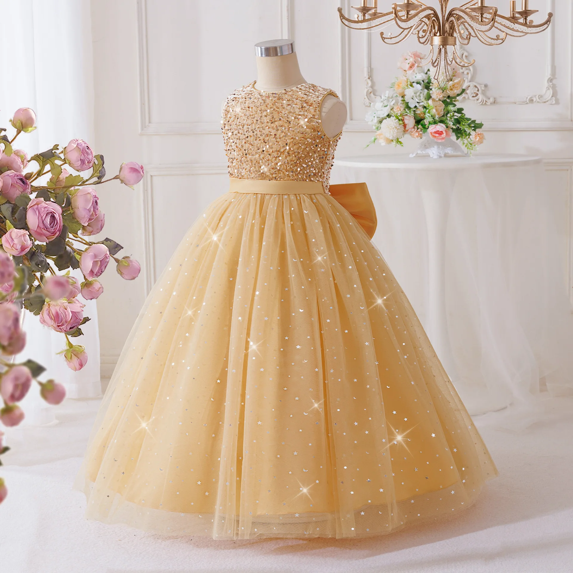 

Children's Dress Girls' Princess Sequin leeveless Long Mesh Flower Girl Wedding For birthday Party Prom Gown 7-14Years