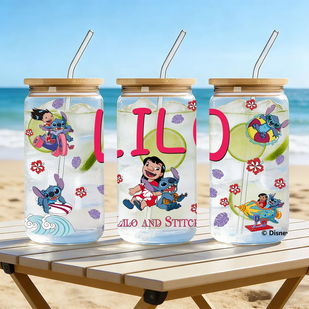 Vaso de vidrio de borosilicato Disney Lilo & Stitch de 16oz con tapa de bambú y pajita, linda taza de verano para café helado y jugo, 1 unidad