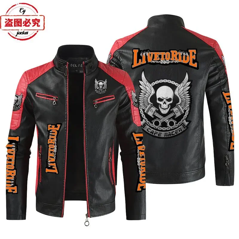 European Size LIVE TO RIDE Printed Motorcycle Suit LOGO Retro Washed PU Leather Jacket Windproof Four Season Men Cycling Jacket