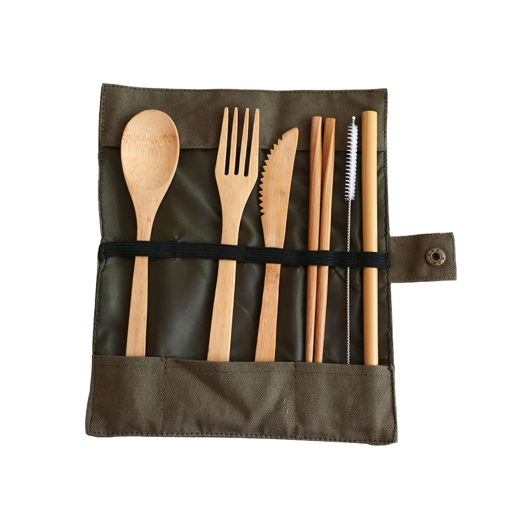 

6Pcs Bamboo Cutlery Set Lightweight Healthy Food Serving Kit for Camping Hiking Picnic Reusable Spoon Fork Chopsticks Straw Dark