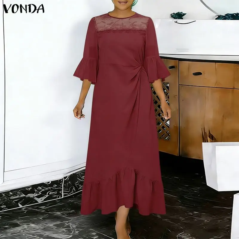 

VONDA Women Plus Size Dresses Summer Autumn Half Sleeve Lace Patchwork See-through Sleeve Streetwear Vestidos OL Party Dress