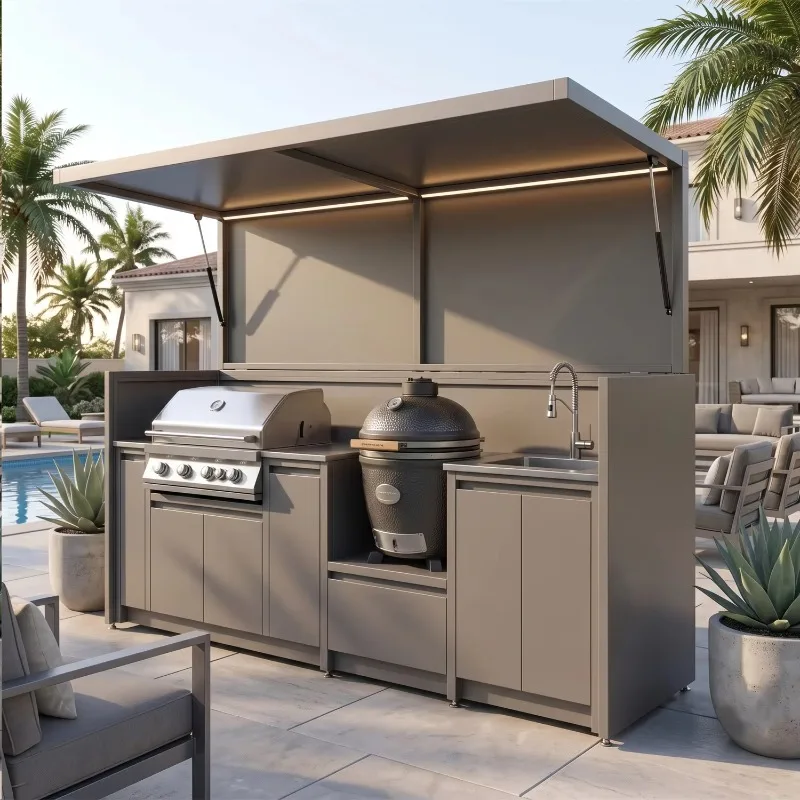 Private Bifold Doors 304 Stainless Steel Outdoor Kitchen With Closable Shed Fireproof For Villa Outdoor Kitchen BBQ Grill Pod