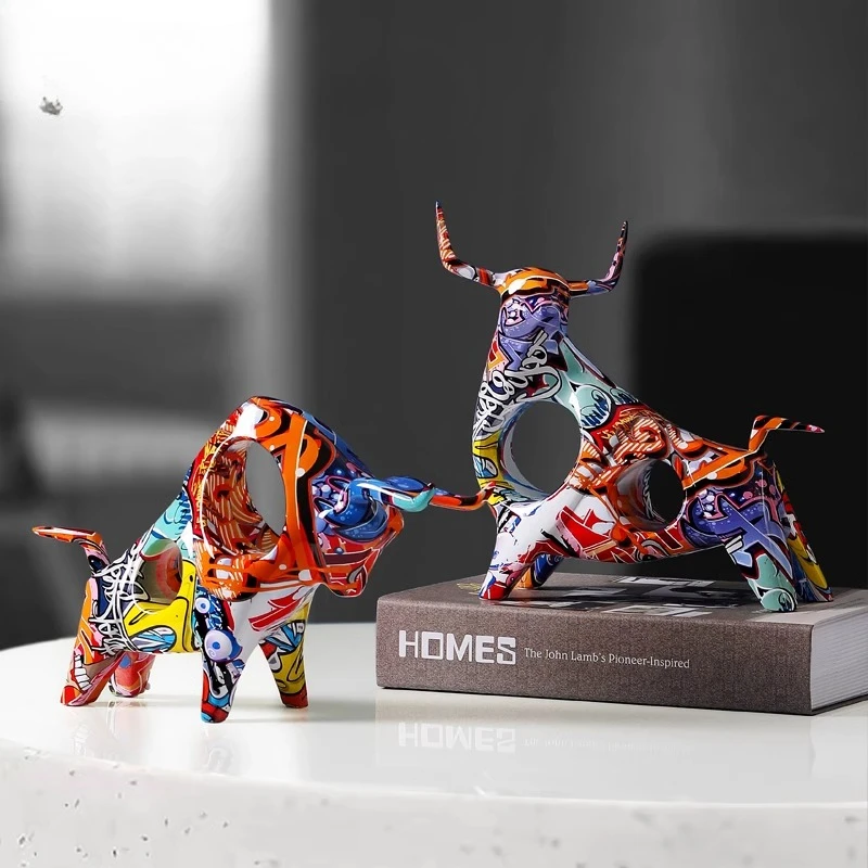 

Modern creative graffiti cow ornament living room wine cabinet home soft decoration office desktop bookcase decoration