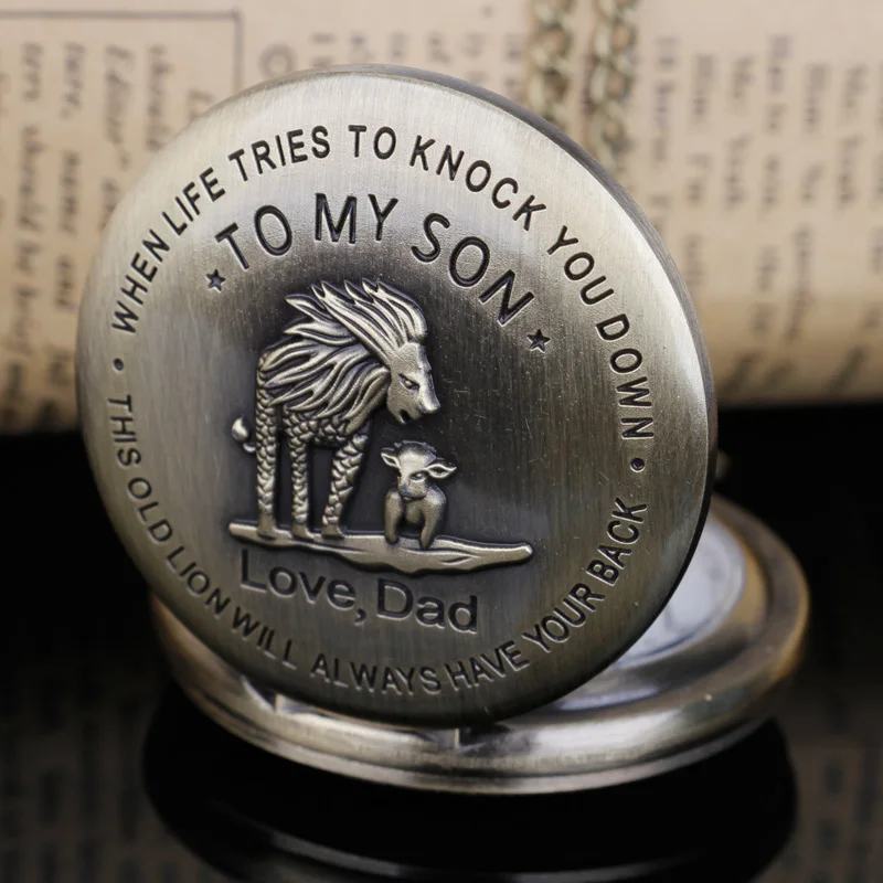 ساعة جيب على شكل أسد برونزي كوارتز سلسلة قلادة لابني الحب أبي تصميم رائع قلادة ساعة الأولاد عيد ميلاد أفضل الهدايا