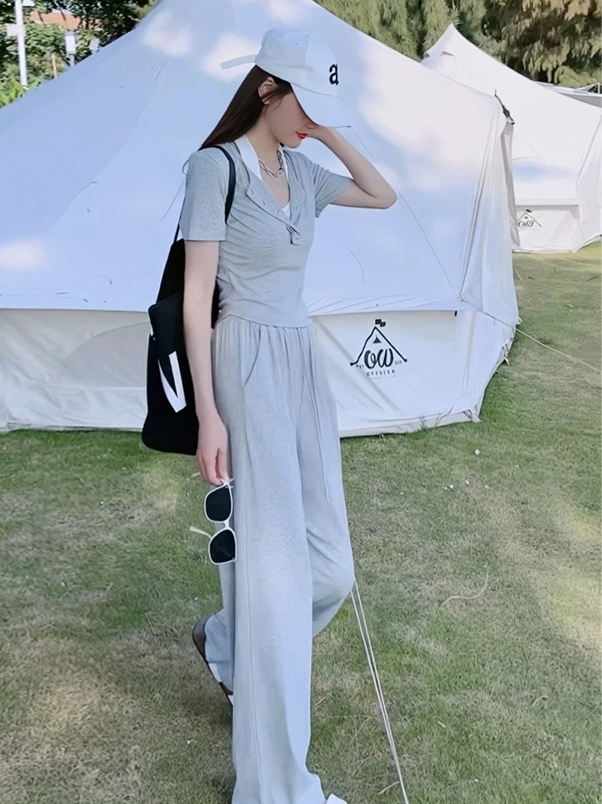 

Gray Slimming High Waist Wide Leg Pants Set Women's Fashionable Casual Sportswear Two Piece Set Summer New Style Popular