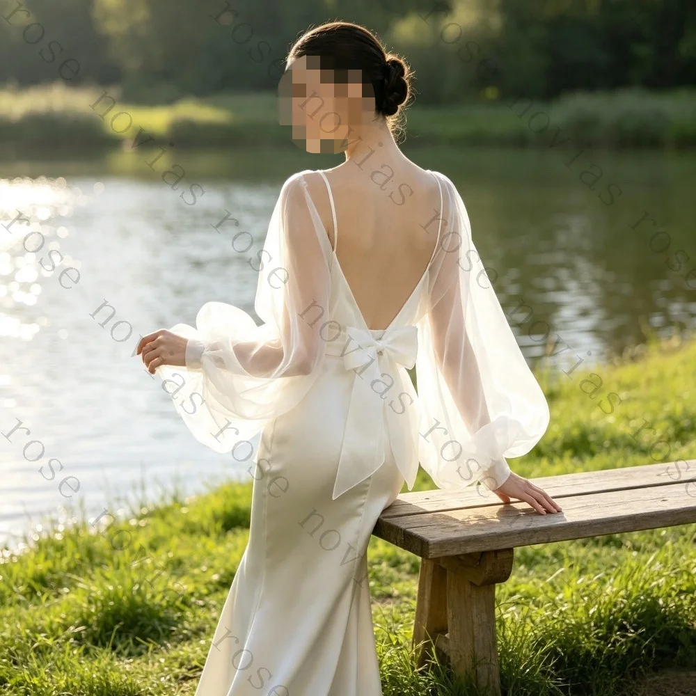 Customized Elegant V-neck Strap Satin Mermaid Evening Dress 2026 New Transparent Bell Sleeves Waist Collection Graduation Gown