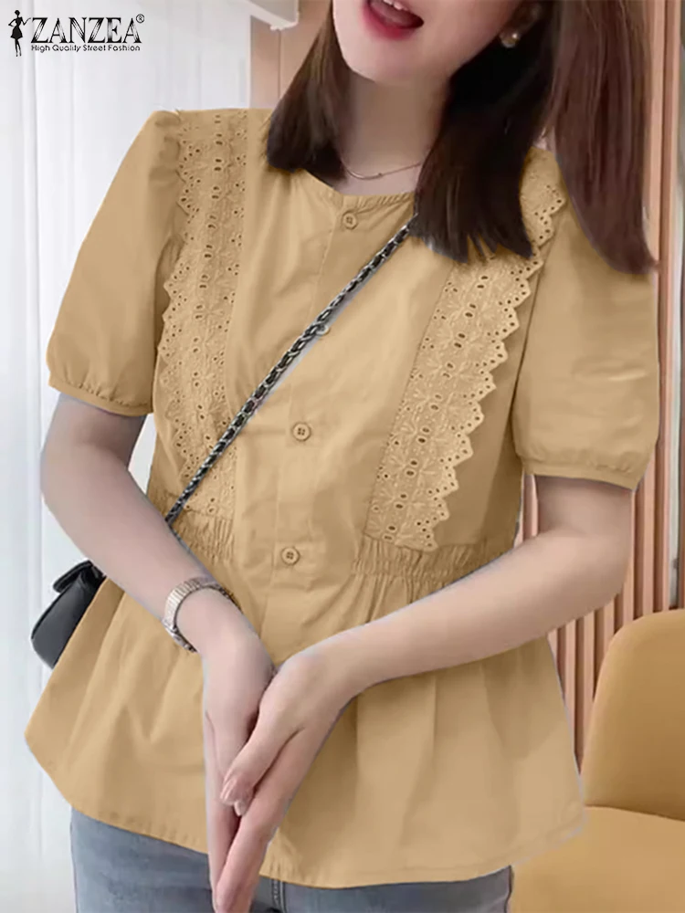 2024 Summer Puff Short Sleeve Shirts ZANZEA Women Lace Patchwork TunicsOffice Waist A-line Tops Korean Fashion Buttons Blouses