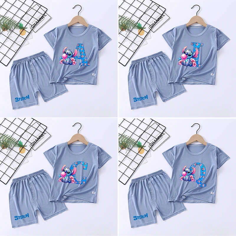 

Cartoon Stitch Child 2pcs Pajamas Set Anime Soft A-Z Letters Printed Summer Kids Short Sleeve Shorts Casual Homewear Sleepwear