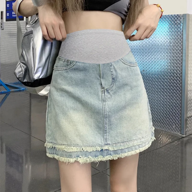 

Vintage Blue Washed Denim Skirts for Maternity Tassel A Line Mini Hot Pencil Belly for Pregnant Women Pregnancy 24SS Y2k Youth