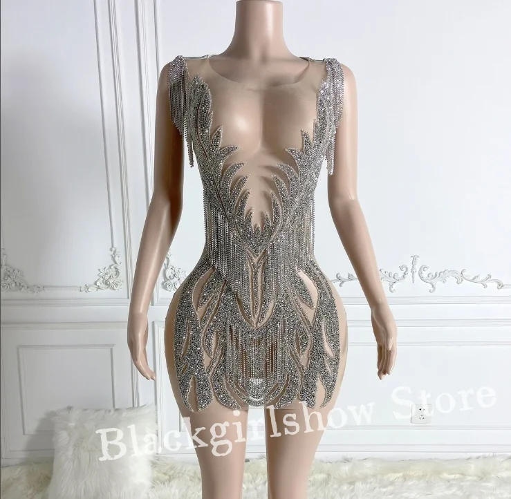 

Sexy Silver Short Prom Dresses 2025 Luxury Crystal Tassel Beaded Applique Black Girls Birthday Dresses vestidos de festa Custom