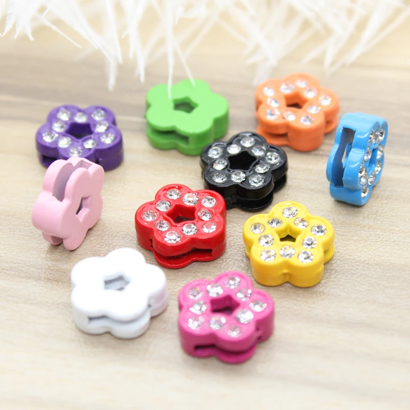 100pcs Painting Flower Zinc Alloy With Rhinestone DIY Accessories Slide Charms Internal 8mm Mixed Color Fit 8mm Belt Wristband