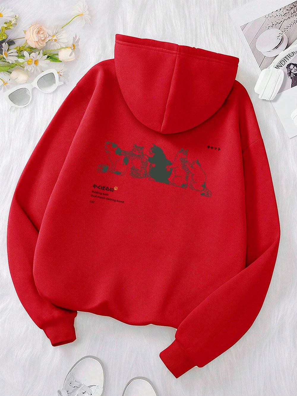 Japan Harajuku Queuing Cat Fun Hoody Men Women Casual Street Hoodie Crewneck Fleece Clothing Oversized Fleece Pullover Male